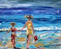 厚い絵の具のビーチにいる女の子 子供の印象派
